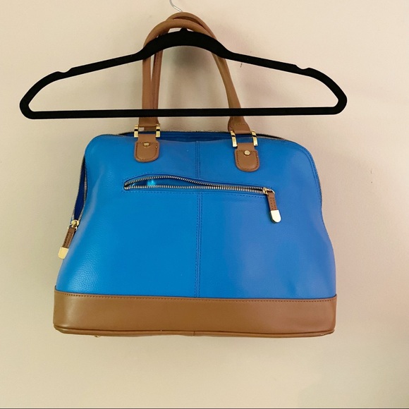 Joy Iman• large bright blue brown accent handle shoulder hand bag - Picture 2 of 8